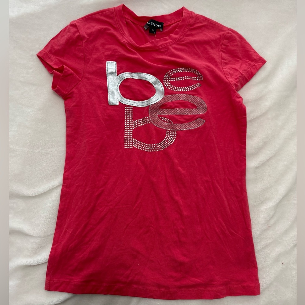 Y2k Bebe Pink Tee with Silver Rhinestones